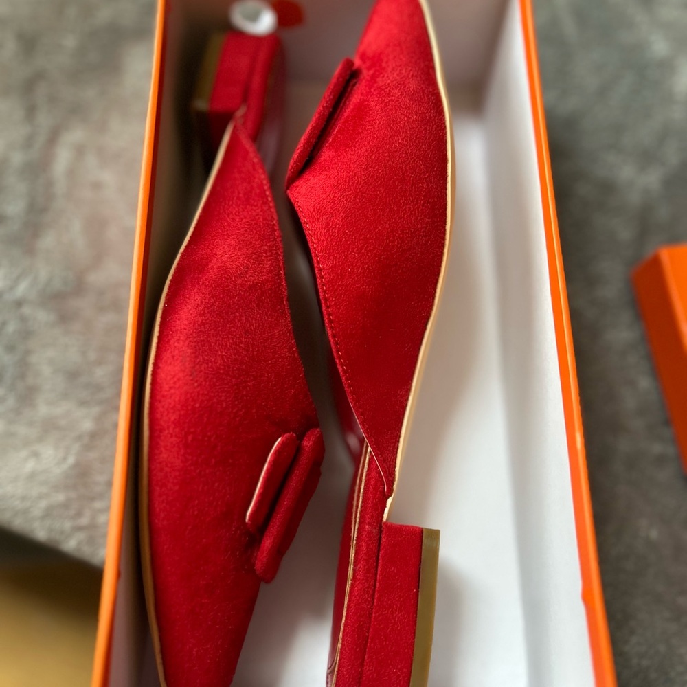 Annie Red Suede Pointed Buckle Mules - Picture 4 of 4